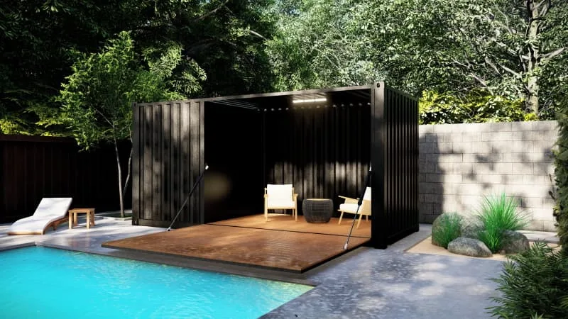POOL HOUSE EN CONTAINER AVEC TERRASSE ESCAMOTABLE ET LOCAL FERMÉ