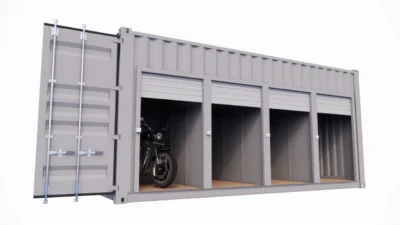 GARAGE MOTOS 4 PLACES ET 4 PORTES EN CONTAINER DE 20 PIEDS
