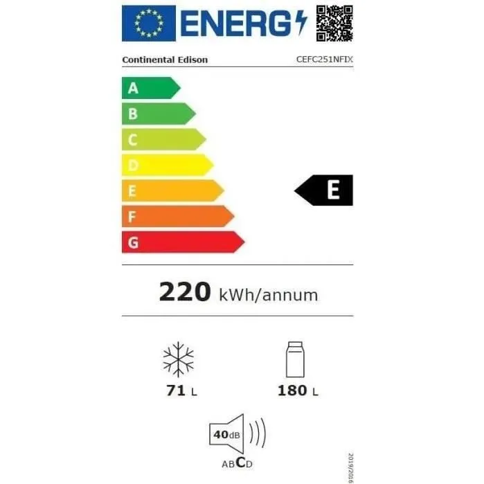 Réfrigérateur congélateur bas CONTINENTAL EDISON - 251L -Total No Frost(Sans givre) - Inox - L 55 cm x H 180 cm
