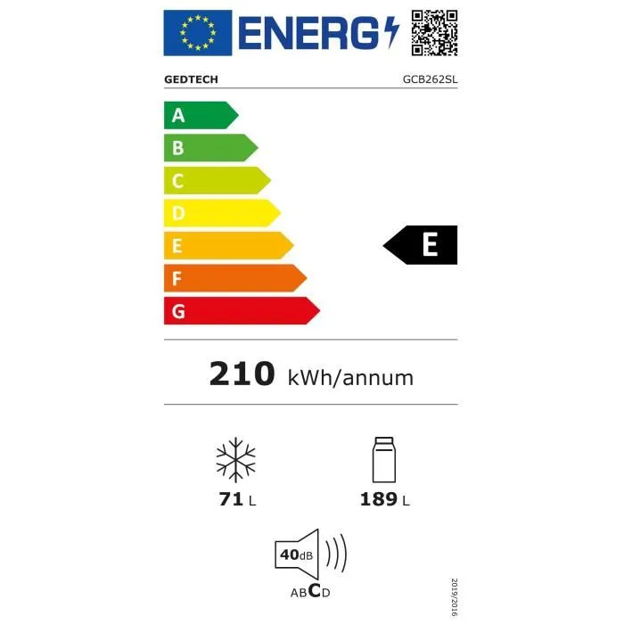 Réfrigérateur combiné GEDTECH - GCB262SL Silver - capacité 262L - Congélateur bas - Classe E