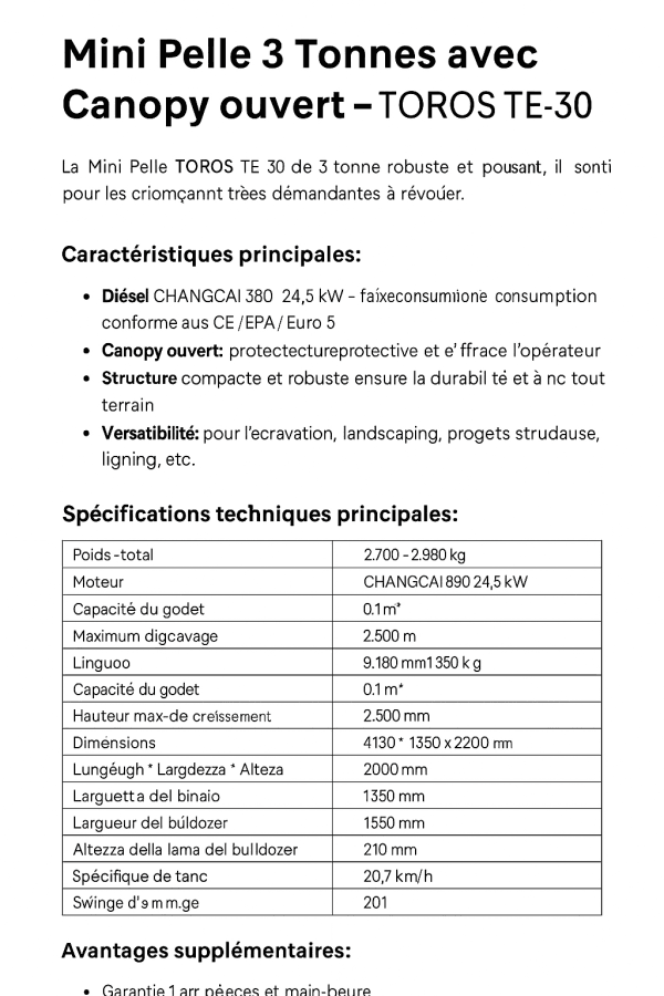 MINI PELLE TOROS TE-30 – 3 TONNES | 19.6 KW