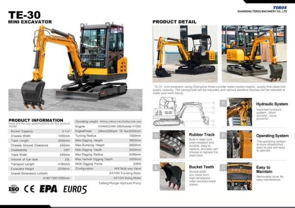 MINI PELLE TOROS TE-30 – 3 TONNES | 19.6 KW